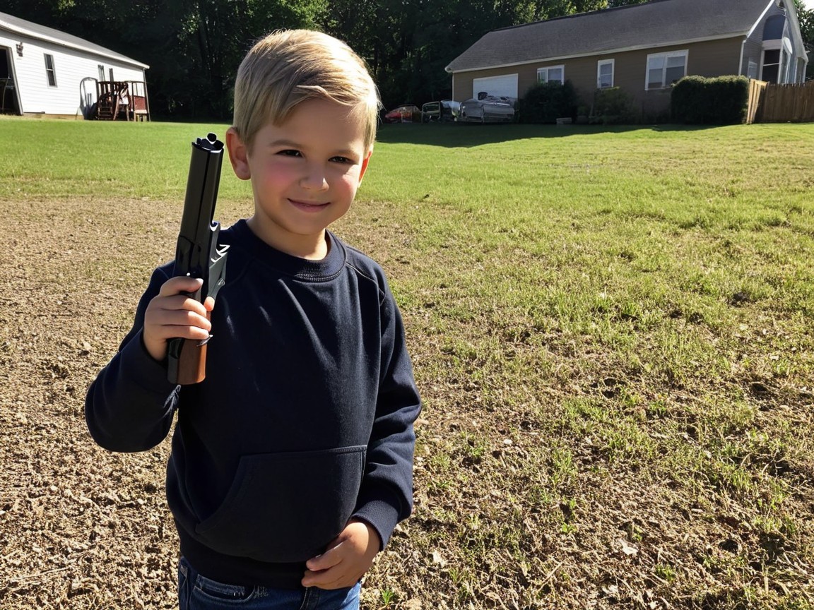 Child with toy gun in suburban grassy area
