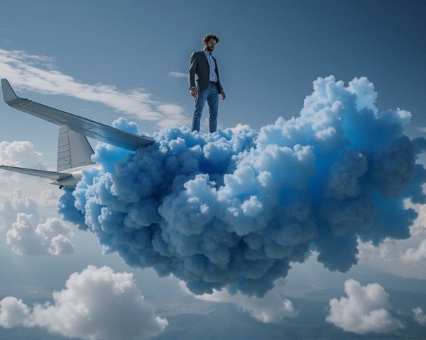 Man on Cloud of Blue Smoke with Airplane Wing