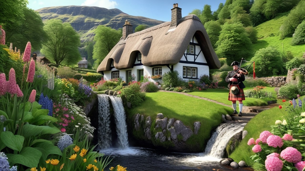 Thatched Cottage in Lush Green Landscape with Stream