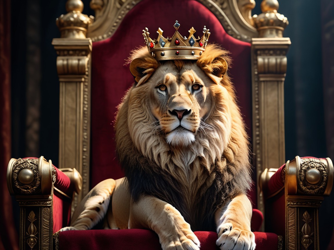 Lion on Ornate Throne with Golden Crown and Velvet