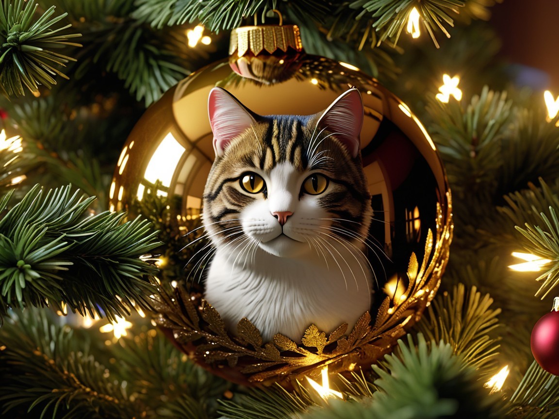 Cat Peeking from Golden Christmas Ornament on Tree