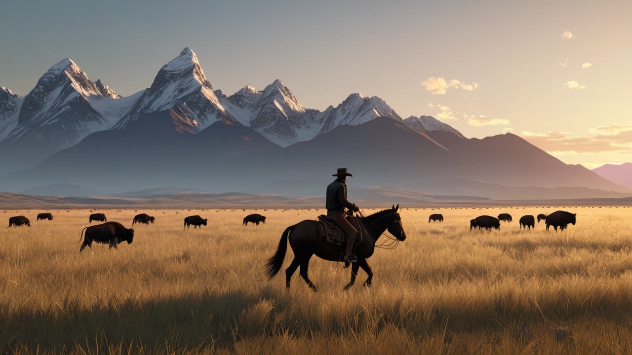 Cowboy Overseeing Buffalo on Golden Grassland at Sunset