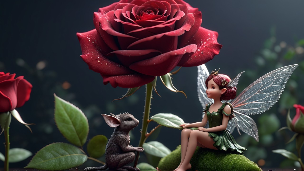 Whimsical Fairy with Mouse by a Red Rose and Moss