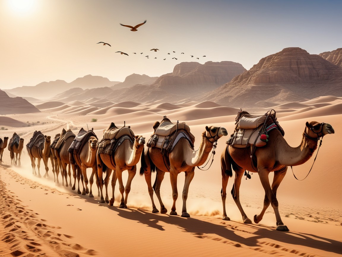 Caravan of Camels in Golden Sand Dunes Landscape
