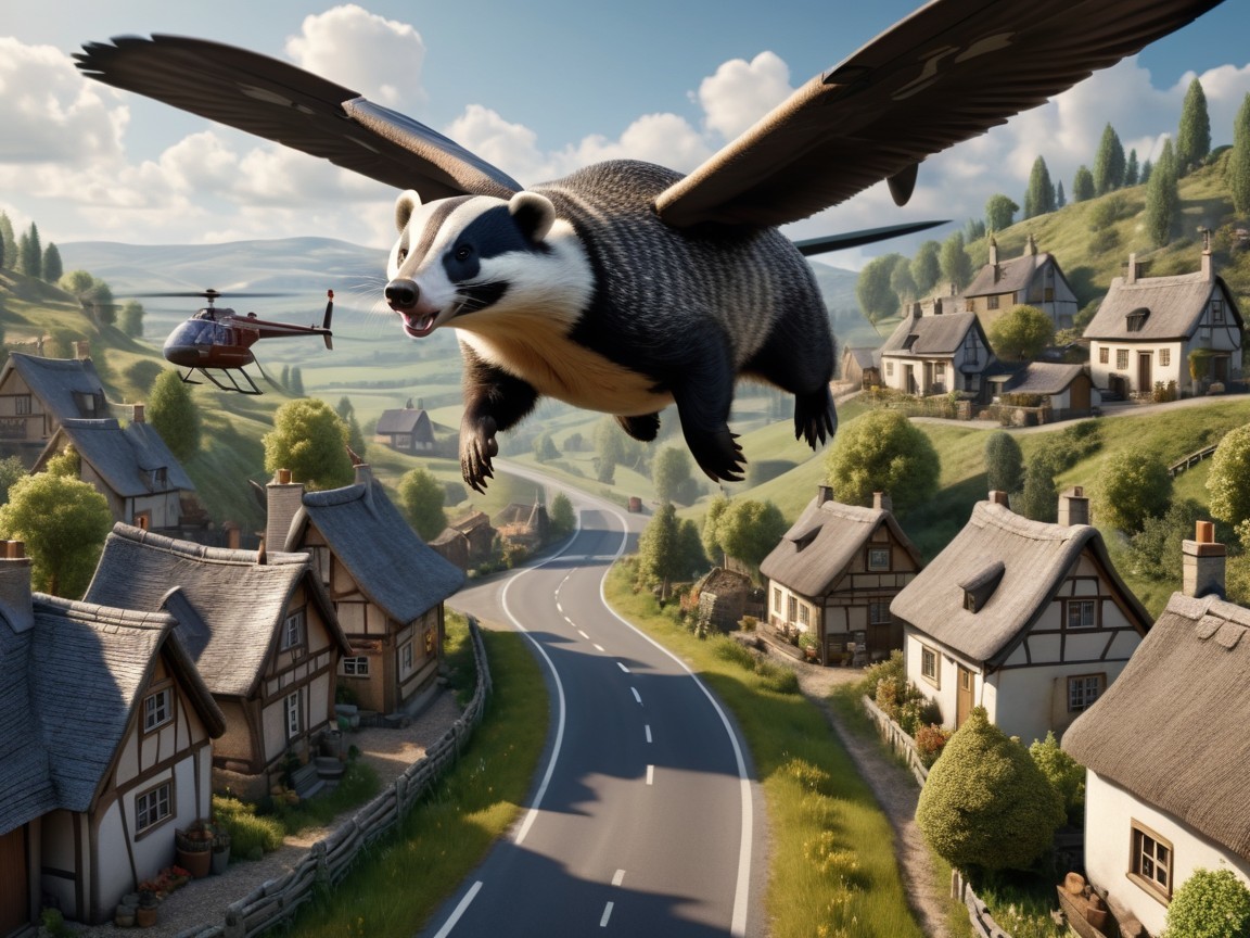 Flying Badger Over Countryside Village Scene
