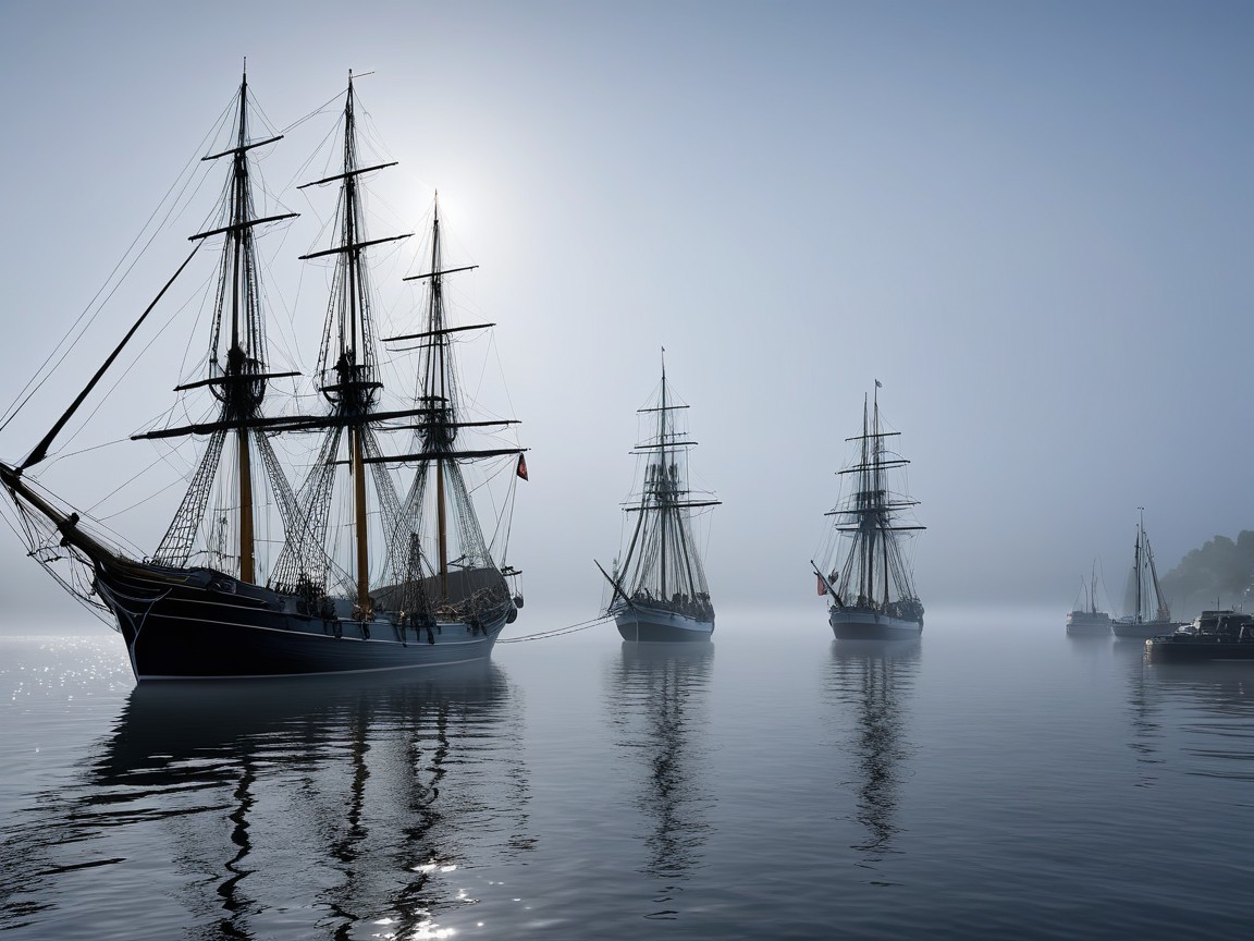 Tall Ships Anchored in Misty Harbor at Dawn