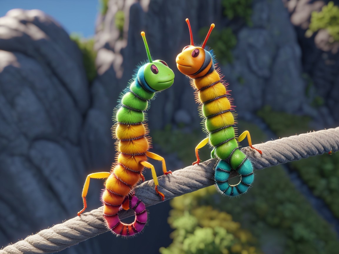 Cartoonish Caterpillars on a Rope in Scenic Landscape