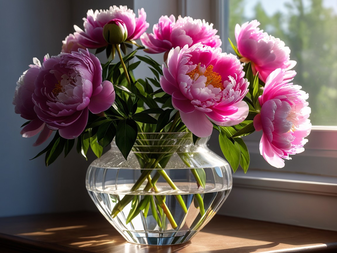 Pink Peonies in a Crystal Vase on a Wooden Table