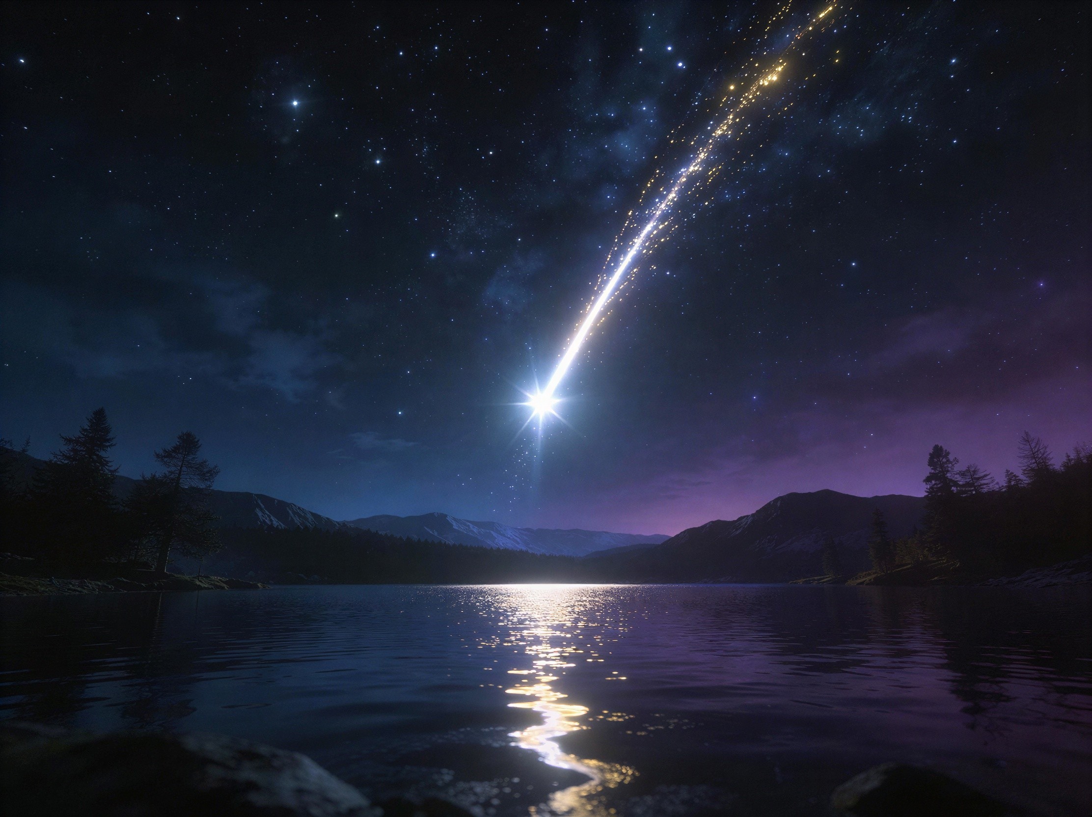 Nighttime Scene with Star and Reflections on Water