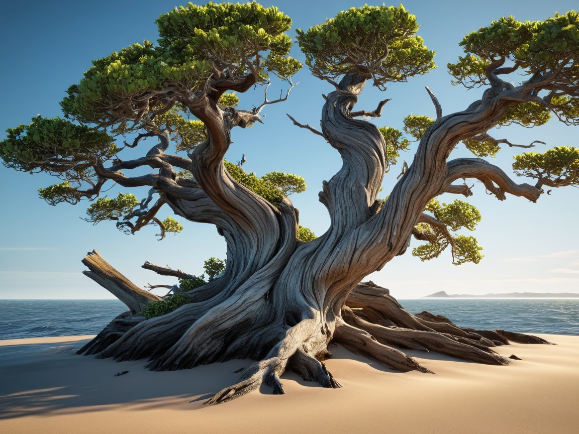 Majestic Tree on Sandy Shore with Ocean Background