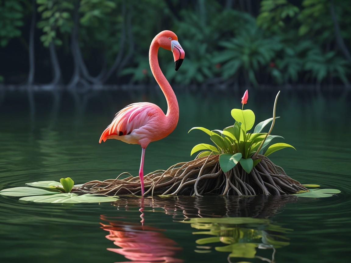 Vibrant Pink Flamingo on Lush Green Island Scene