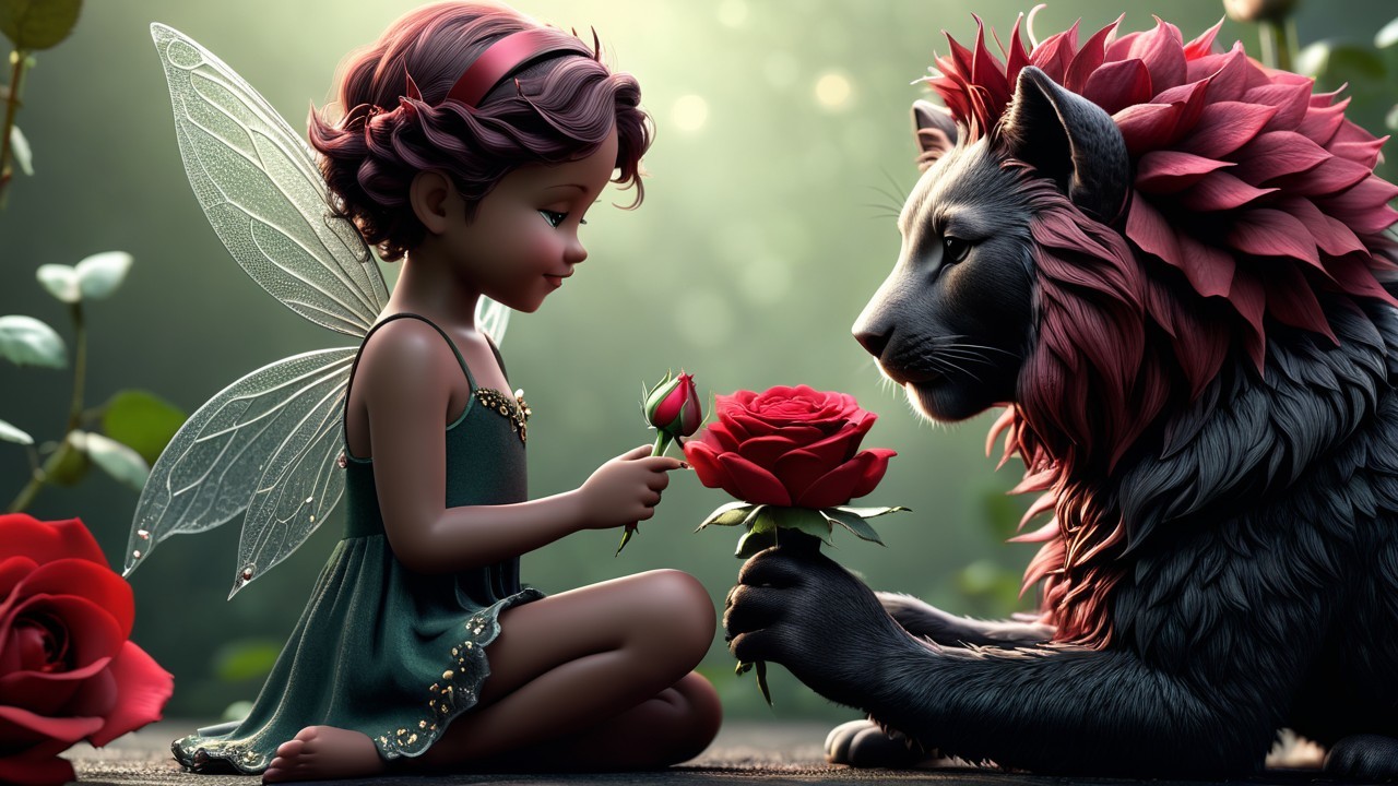 Fairy-like Girl and Lion in Enchanted Garden Scene