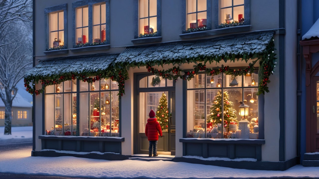 Festive Storefront with Holiday Decorations in Snow