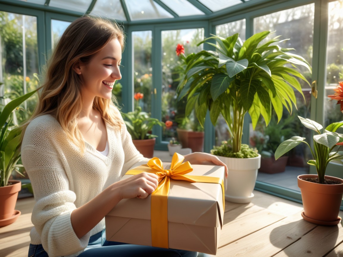 Young woman in sunlit greenhouse with gift box