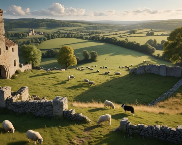Idyllic Countryside with Rolling Hills and Sheep
