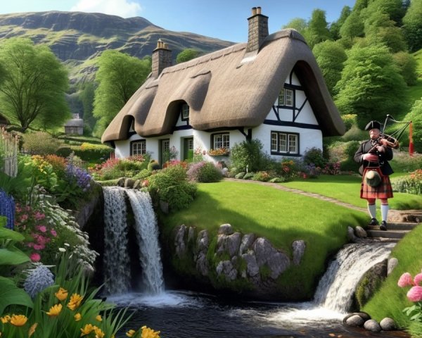 Thatched Cottage in Lush Green Landscape with Stream