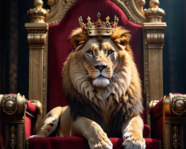 Lion on Ornate Throne with Golden Crown and Velvet