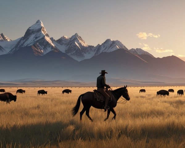 Cowboy Overseeing Buffalo on Golden Grassland at Sunset