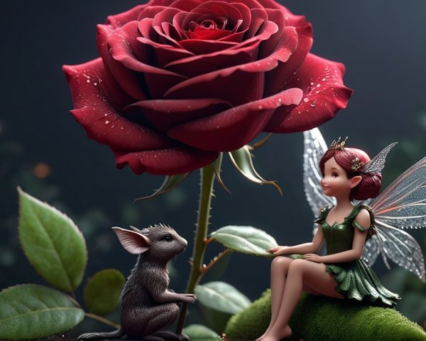 Whimsical Fairy with Mouse by a Red Rose and Moss
