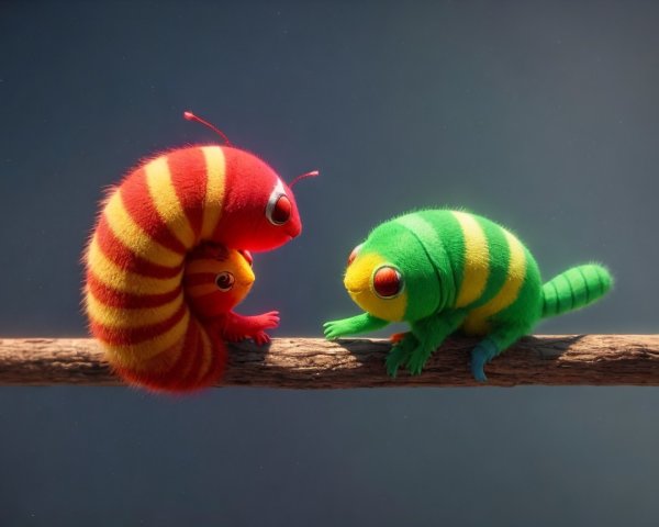 Cartoonish Caterpillars on a Branch in Dreamy Setting