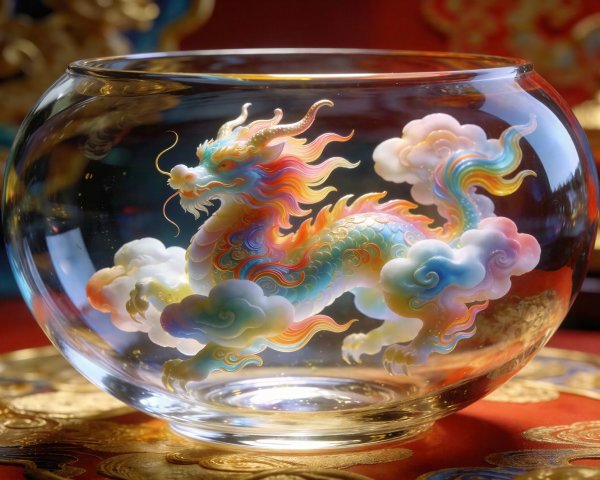 Intricately Carved Glass Bowl with Colorful Dragon Design