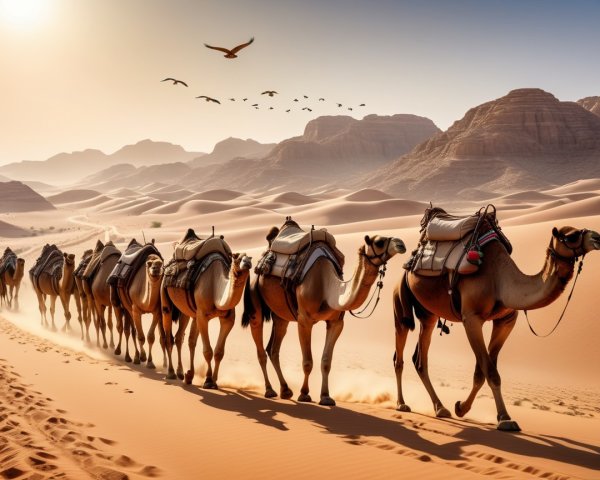 Caravan of Camels in Golden Sand Dunes Landscape