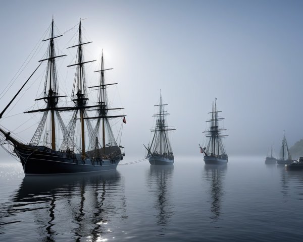 Tall Ships Anchored in Misty Harbor at Dawn
