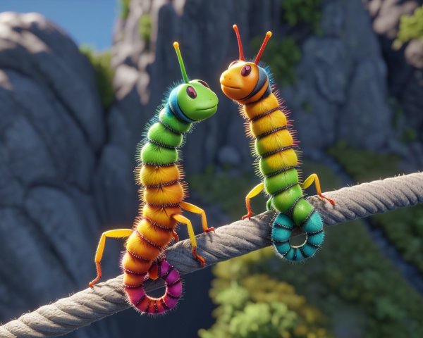 Cartoonish Caterpillars on a Rope in Scenic Landscape