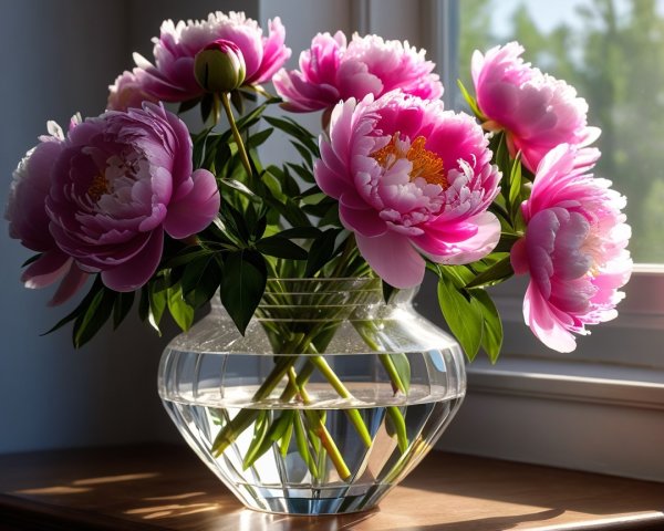 Pink Peonies in a Crystal Vase on a Wooden Table