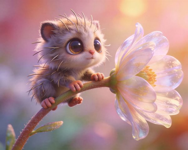 Cartoonish baby hedgehog on branch with flower