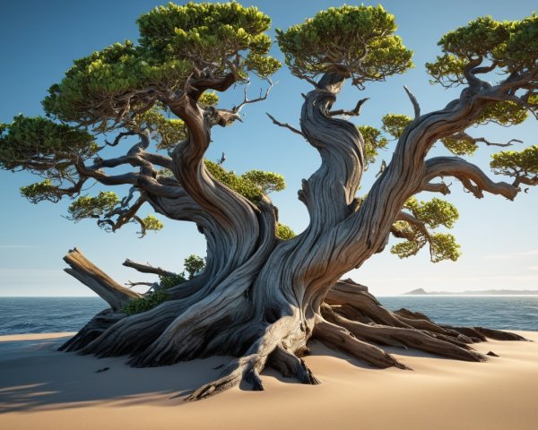 Majestic Tree on Sandy Shore with Ocean Background