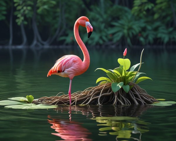 Vibrant Pink Flamingo on Lush Green Island Scene
