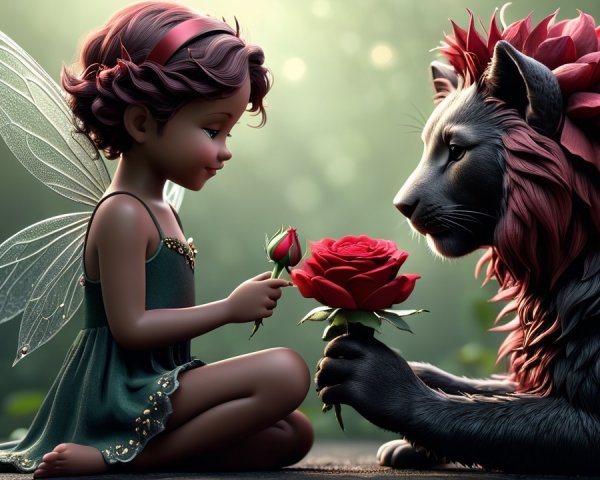Fairy-like Girl and Lion in Enchanted Garden Scene