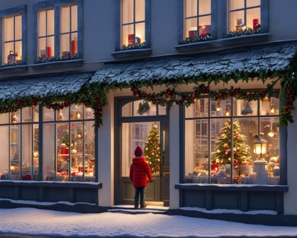 Festive Storefront with Holiday Decorations in Snow