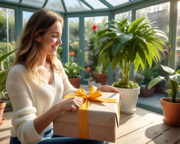 Young woman in sunlit greenhouse with gift box