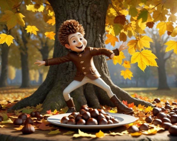 Joyful Boy Surrounded by Autumn Leaves and Chestnuts