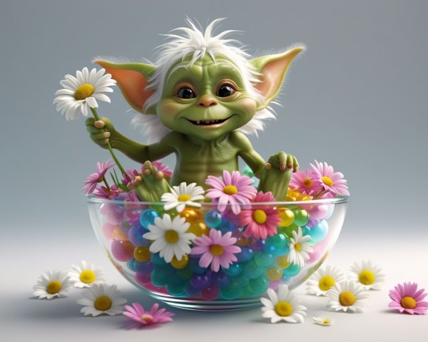 Cartoon Creature in Bowl with Beads and Daisies