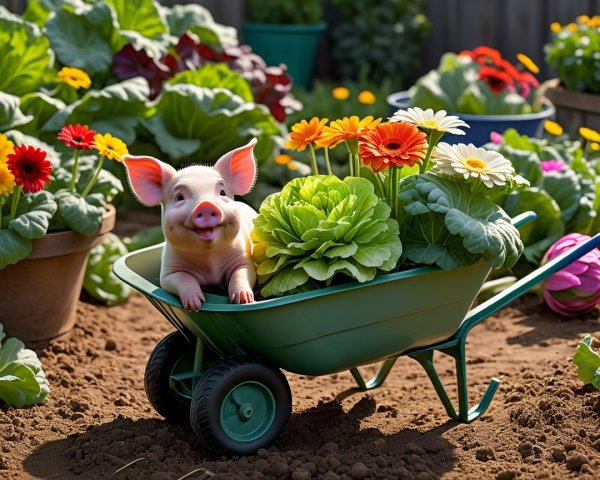Cheerful Piglet in Flower-Filled Wheelbarrow Scene