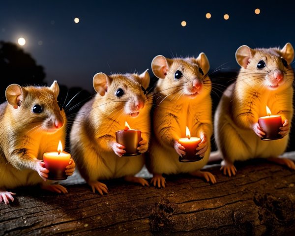 Mice with Candles on a Log Under Starry Sky