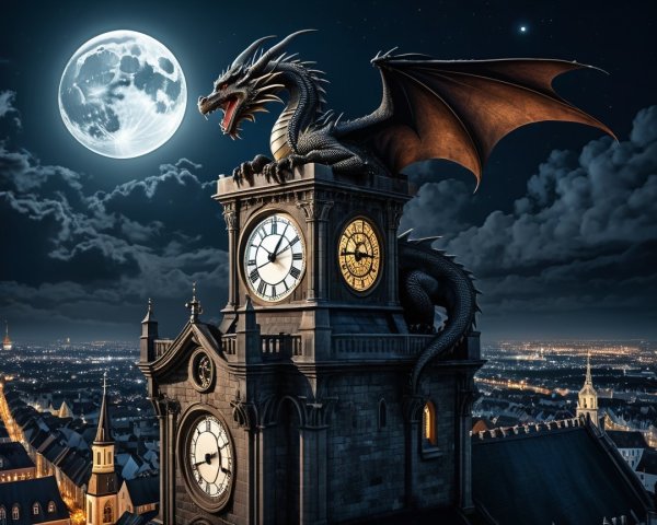 Realistic black dragon on gothic clock tower at night
