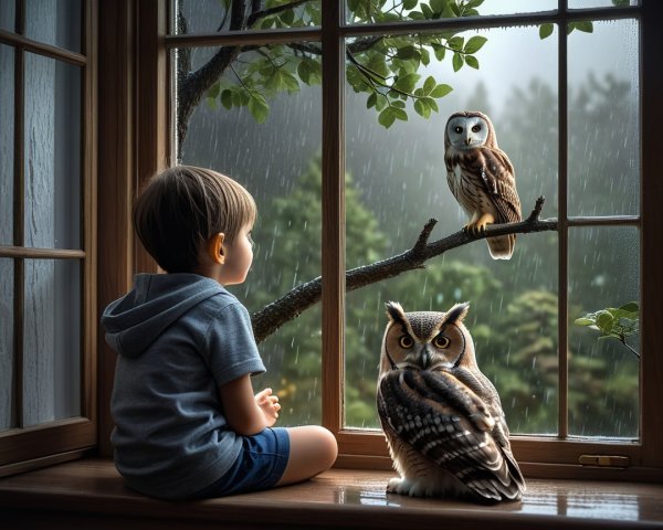 Child on Windowsill Observing Rainy Landscape with Owls
