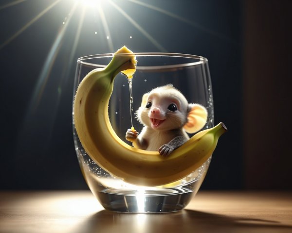 Playful Creature in Glass Vessel with Banana and Sunlight
