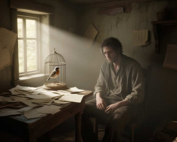 Melancholy Man in Rustic Room with Birdcage and Papers