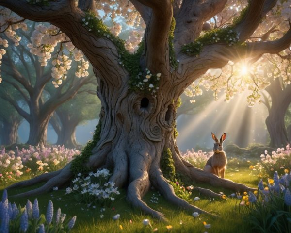 Ancient Tree in Sunlit Glade with Wildflowers and Rabbit