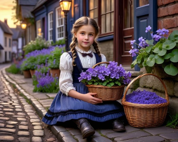 Young girl in vintage dress with flowers in village