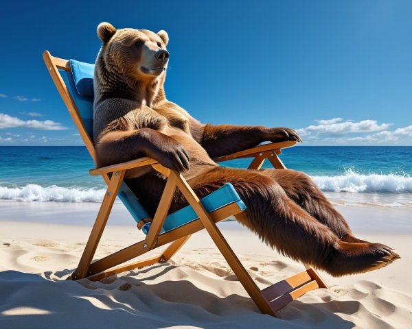 Brown bear relaxing in a beach chair by the ocean