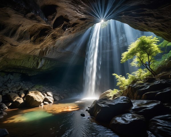 Underground Cave with Waterfall and Sunlit Beams
