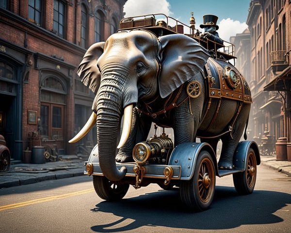 Whimsical Steampunk Elephant on Vintage Carriage