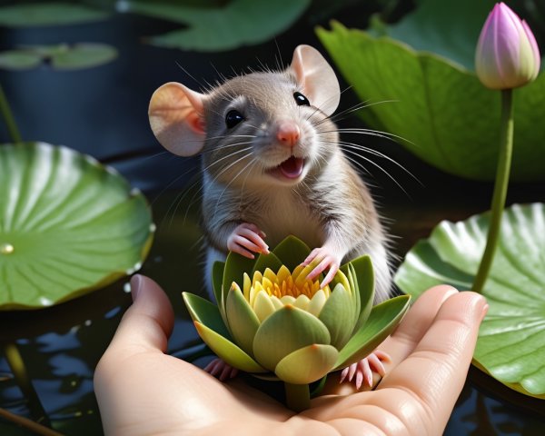 Cheerful Mouse on Lily Pad in Serene Pond Setting