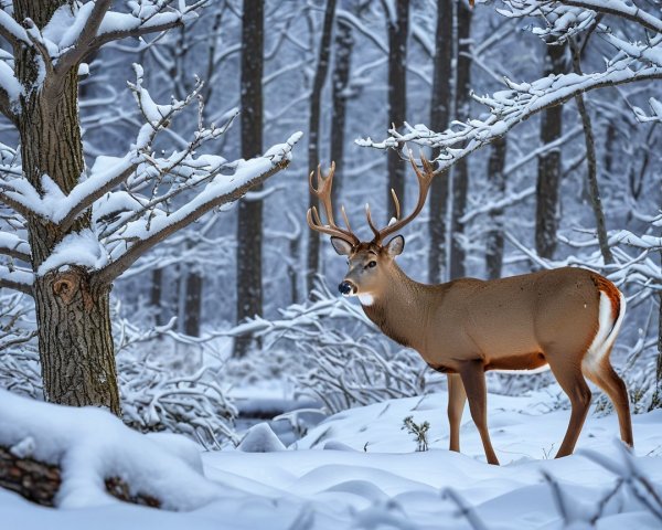 Majestic deer in a snowy forest landscape